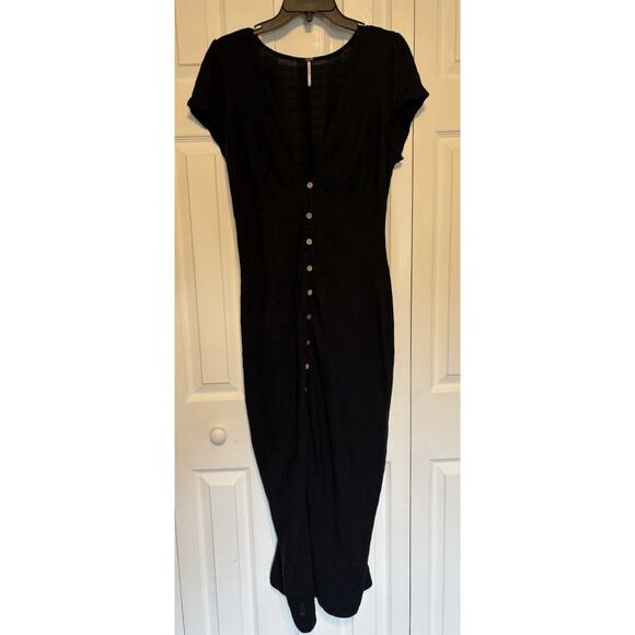 Free People Dresses & Skirts - Free People New In Town Black Midi Dress Button Front Black Sheath Gauzy Large